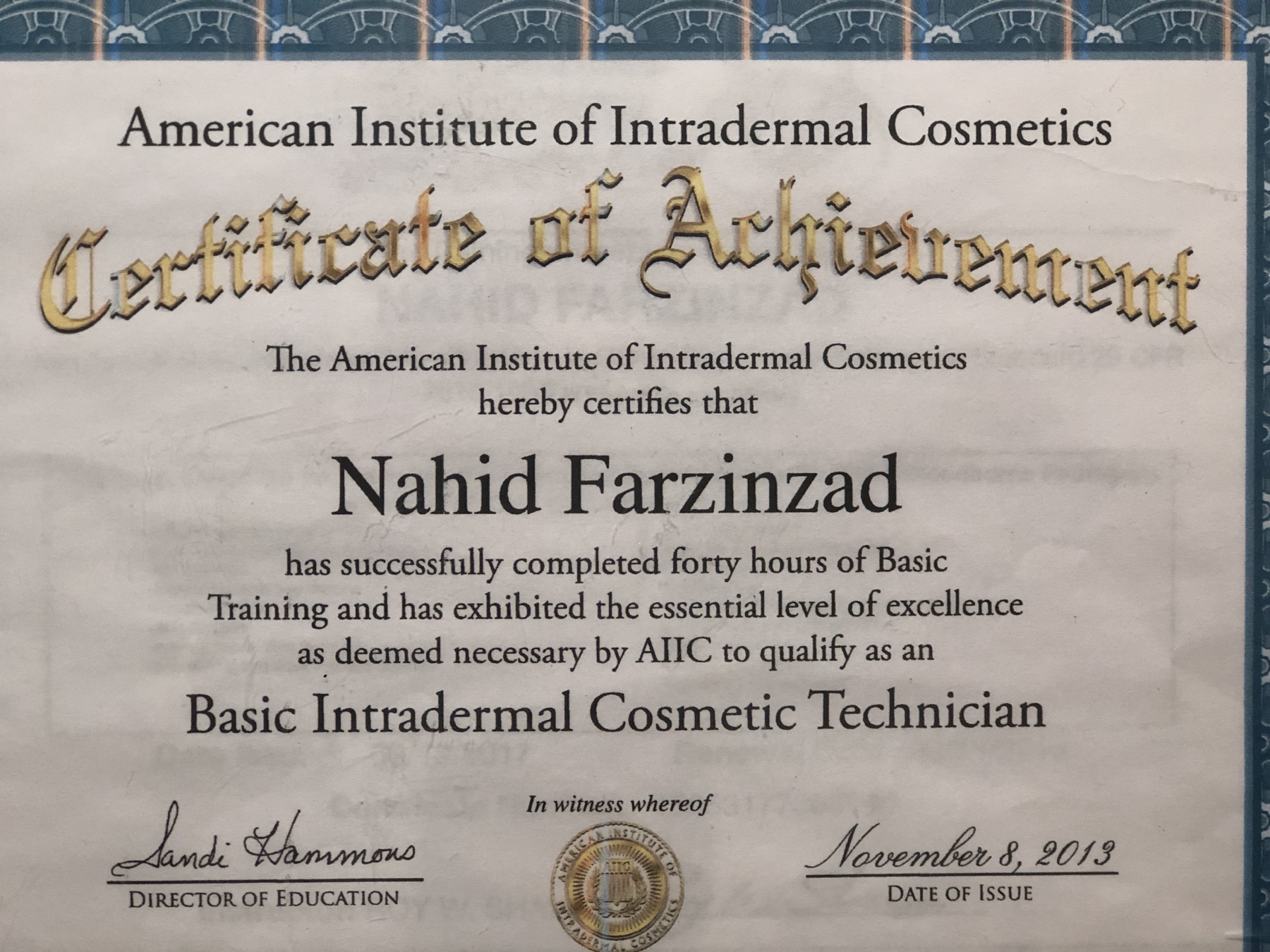 American Institute of Intradermal Cosmetics basic training certificate, 2013