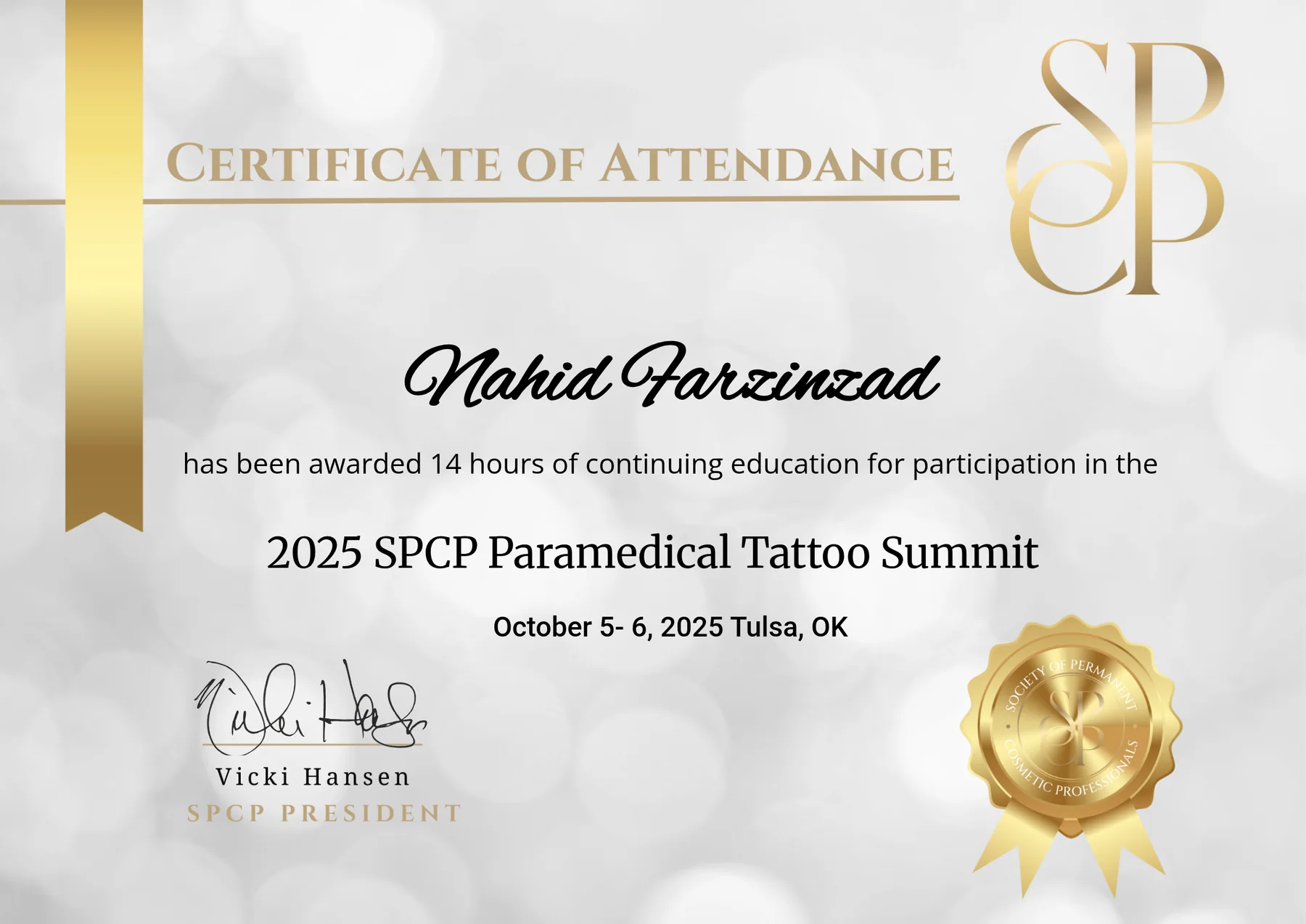 2025 SPCP Paramedical Tattoo Summit continuing education certificate for Nahid Farzinzad