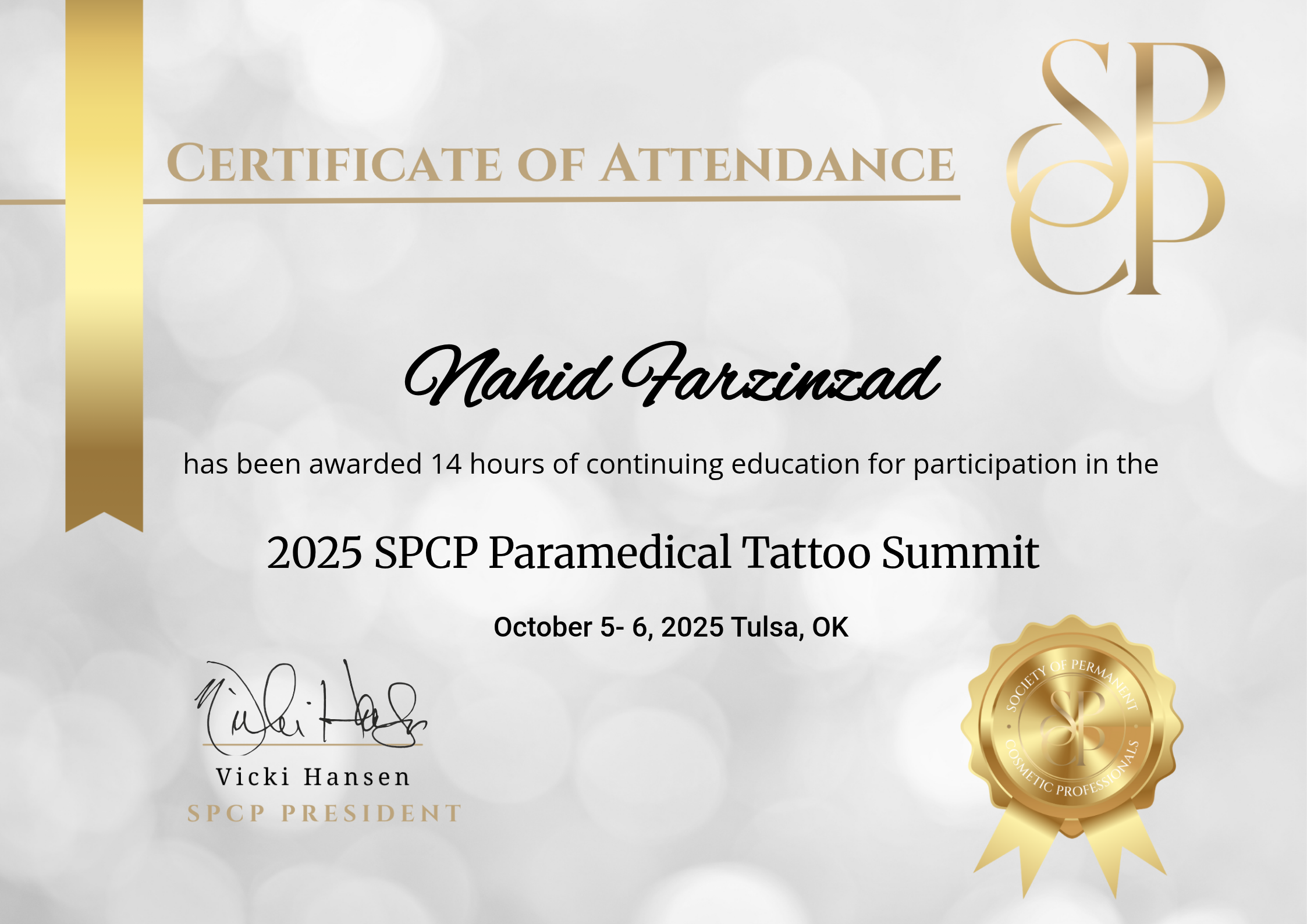 2025 SPCP Paramedical Tattoo Summit continuing education certificate for Nahid Farzinzad