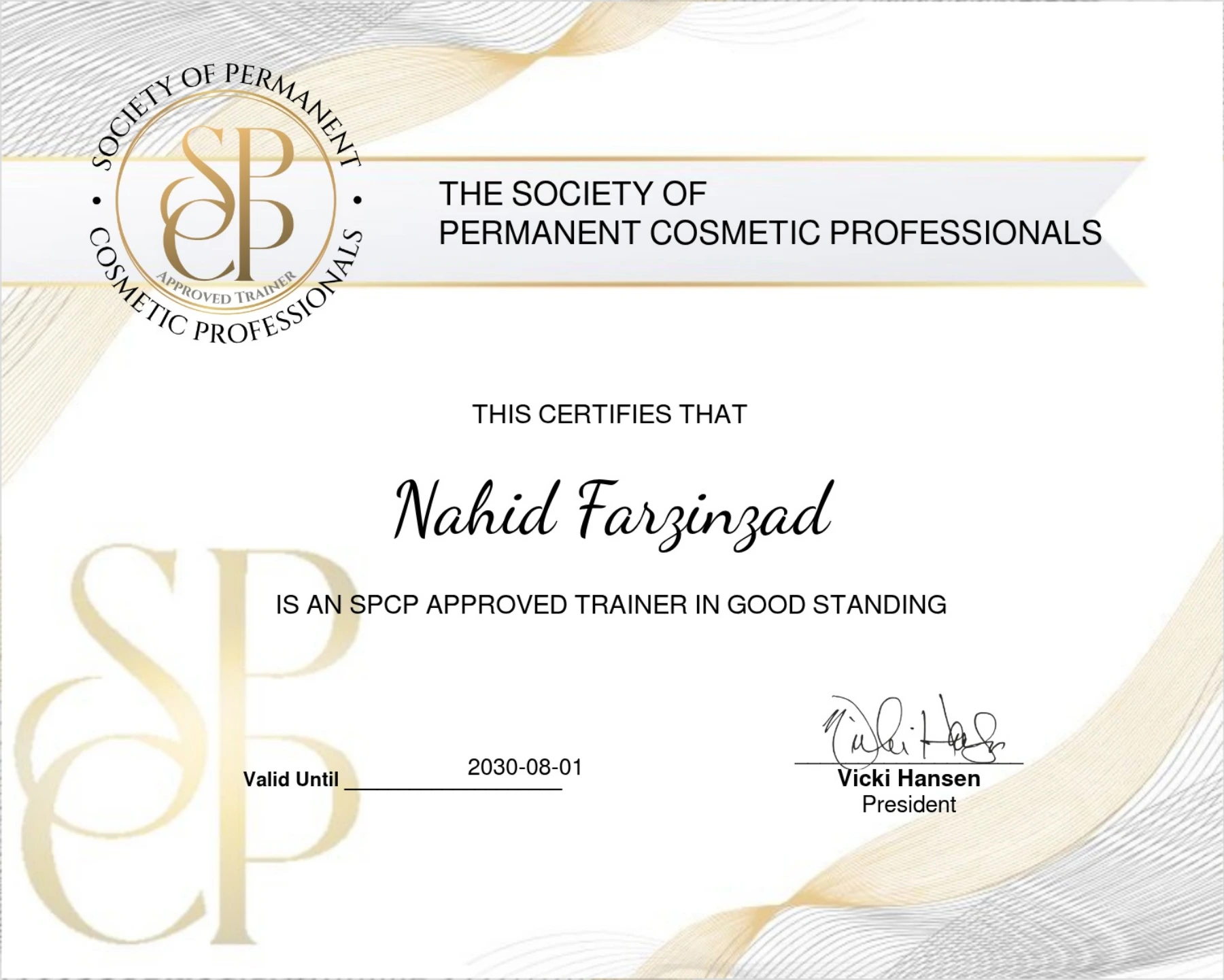SPCP Approved Trainer certificate for Nahid Farzinzad, in good standing and valid until August 1, 2030
