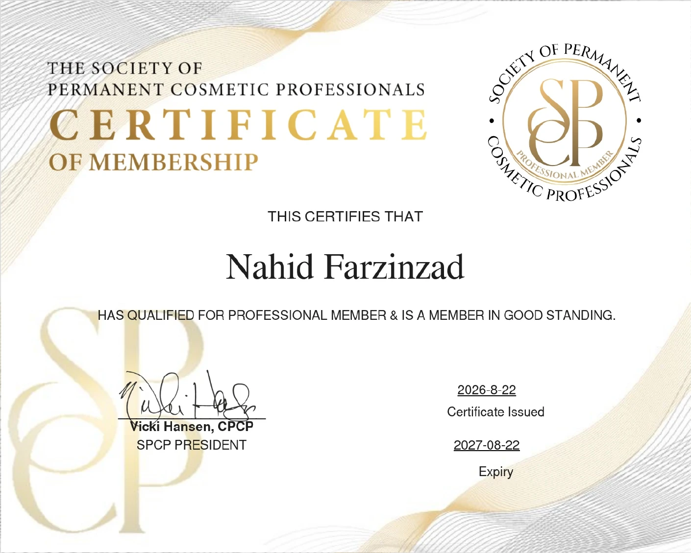 SPCP Professional Member certificate for Nahid Farzinzad, issued August 22, 2026 and valid through August 22, 2027