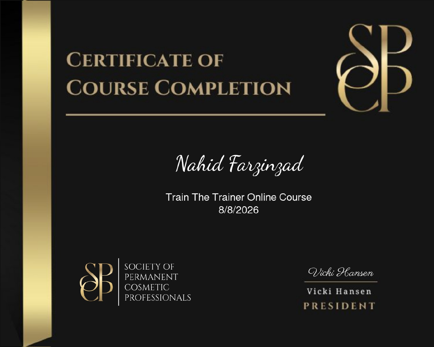 2026 SPCP Train The Trainer Online Course completion certificate for Nahid Farzinzad