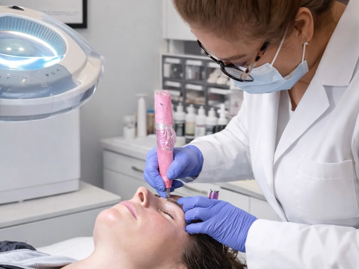 Permanent makeup eyebrow procedure during supervised training